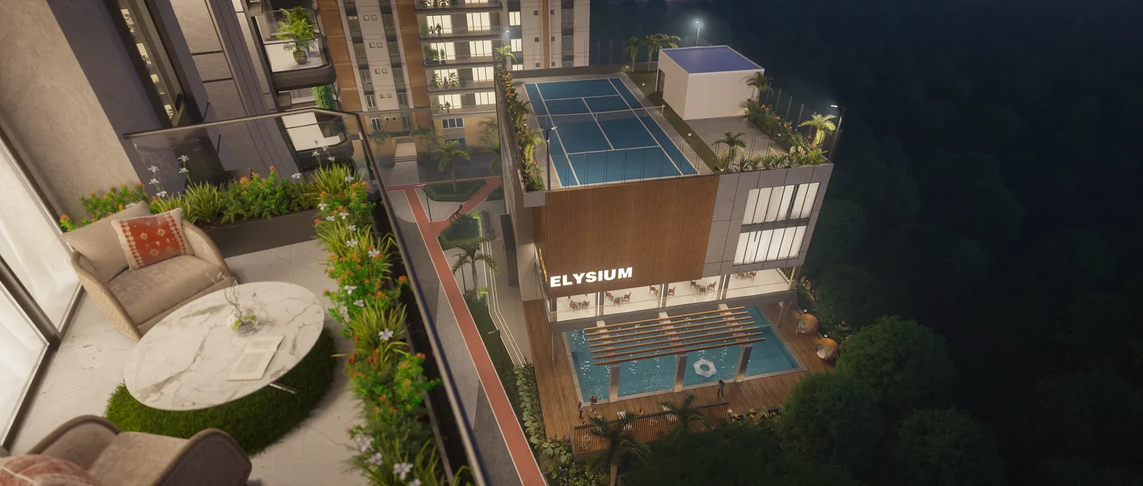 Reliance Elysium — Clubhouse Night Semi Aerial